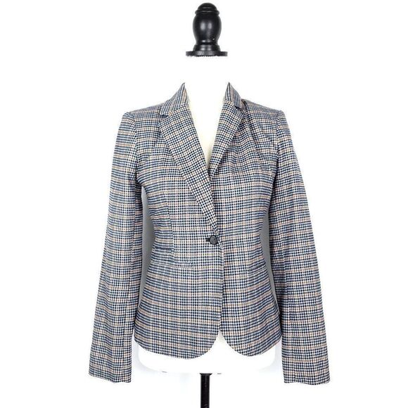 Merona Navy Blue White Orange Mini Plaid Blazer Jacket Size 2 - Picture 1 of 8